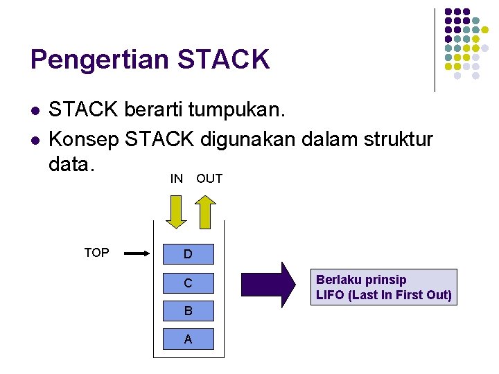 Pengertian STACK l l STACK berarti tumpukan. Konsep STACK digunakan dalam struktur data. IN