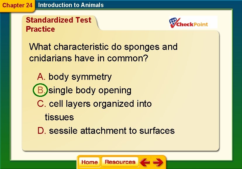 Chapter 24 Introduction to Animals Standardized Test Practice What characteristic do sponges and cnidarians