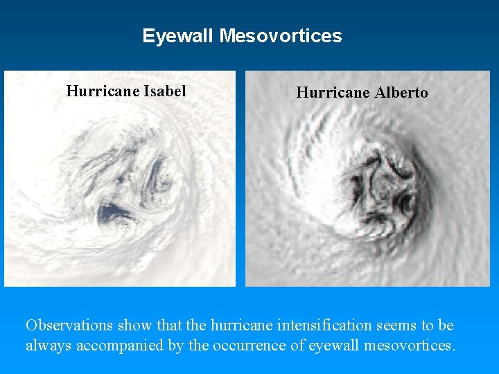 Eyewall Mesovortices Hurricane Isabel Hurricane Alberto Observations show that the hurricane intensification seems to
