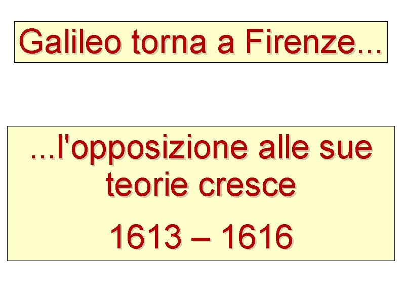 Galileo torna a Firenze. . . l'opposizione alle sue teorie cresce 1613 – 1616