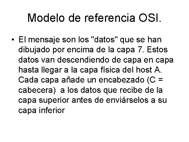 Modelo de referencia OSI. • El mensaje son los "datos" que se han dibujado