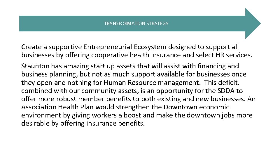 TRANSFORMATION STRATEGY Create a supportive Entrepreneurial Ecosystem designed to support all businesses by offering