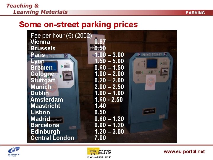 PARKING Some on-street parking prices Fee per hour (€) (2002) Vienna Brussels Paris Lyon