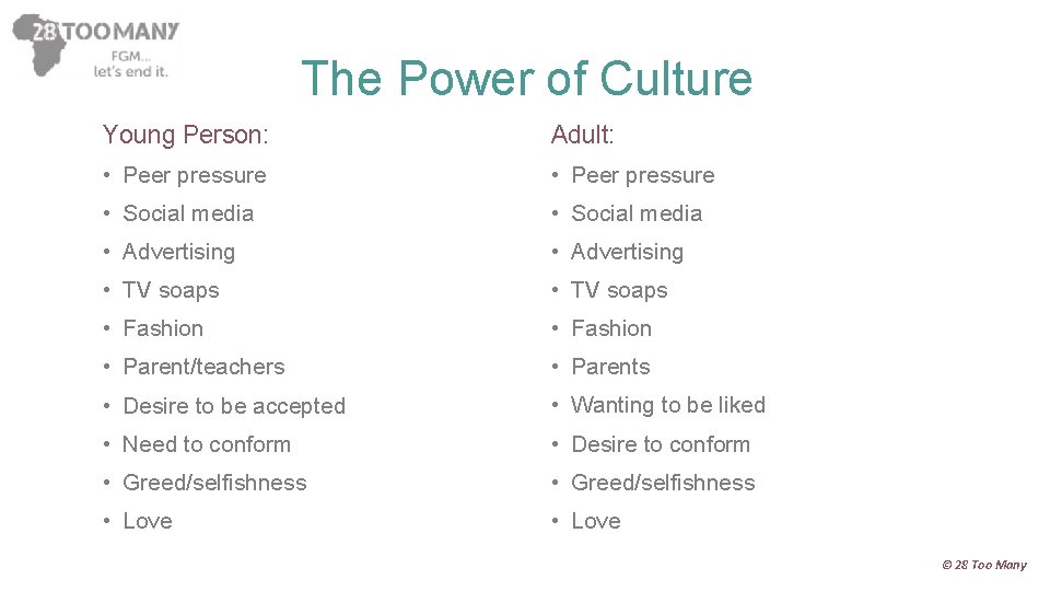 The Power of Culture Young Person: Adult: • Peer pressure • Social media •