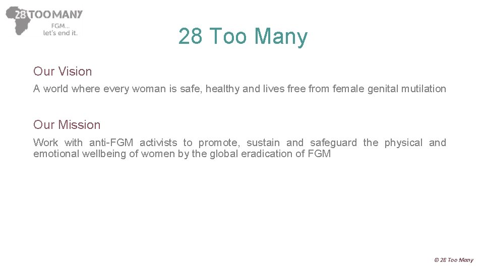 28 Too Many Our Vision A world where every woman is safe, healthy and