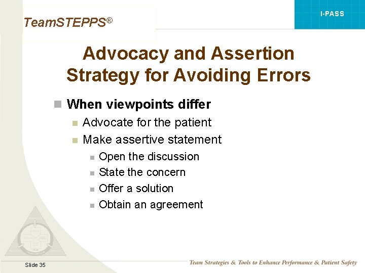 I-PASS Team. STEPPS® Advocacy and Assertion Strategy for Avoiding Errors n When viewpoints differ