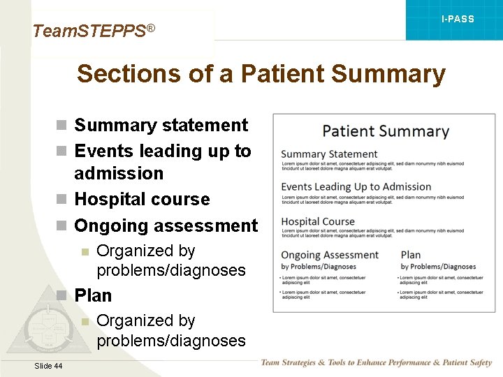 I-PASS Team. STEPPS® Sections of a Patient Summary n Summary statement n Events leading