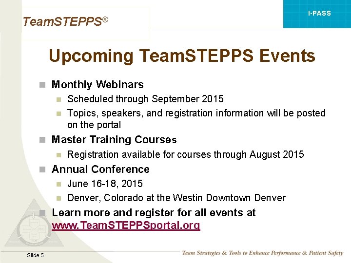 I-PASS Team. STEPPS® Upcoming Team. STEPPS Events n Monthly Webinars n Scheduled through September