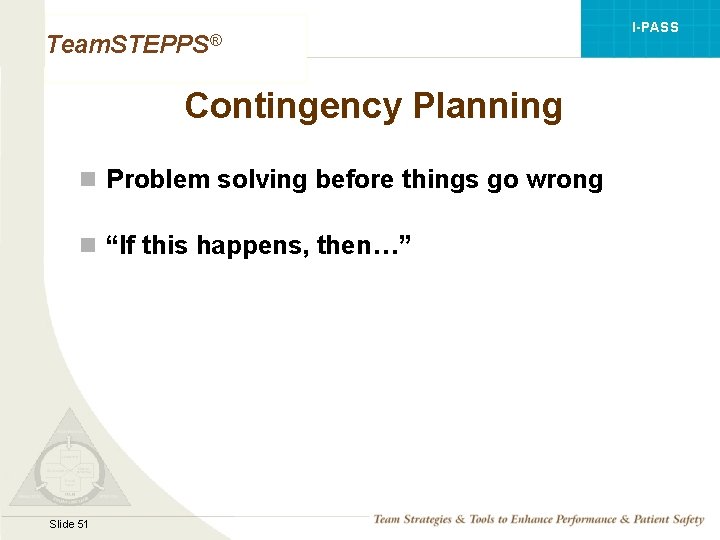 I-PASS Team. STEPPS® Contingency Planning n Problem solving before things go wrong n “If