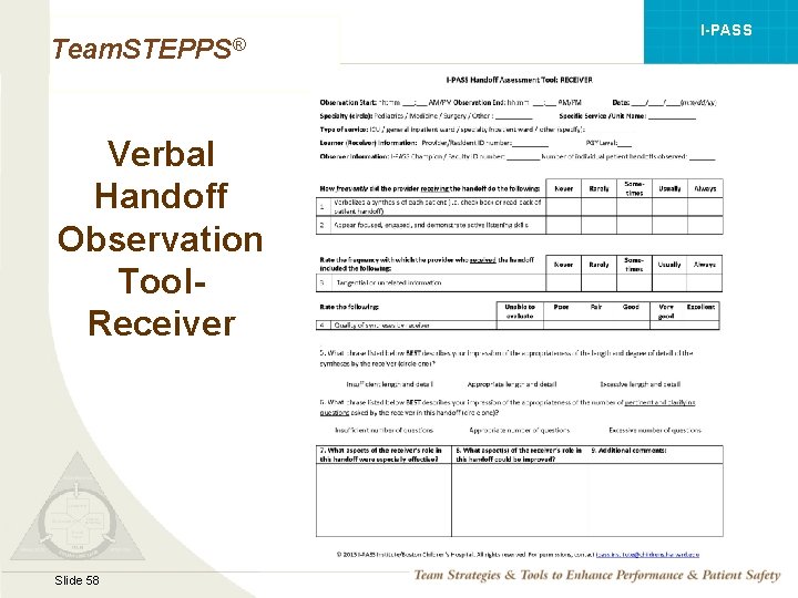 I-PASS Team. STEPPS® Verbal Handoff Observation Tool. Receiver Mod 1 05. 2 Page 58