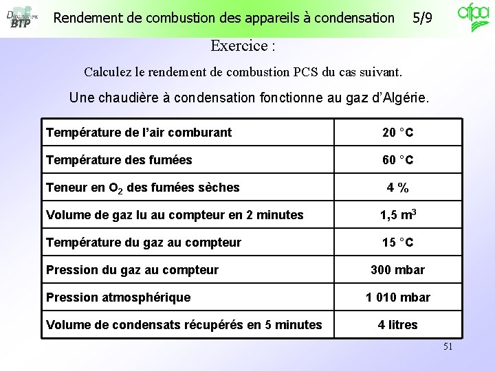 Rendement de combustion des appareils à condensation 5/9 Exercice : Calculez le rendement de Rendement de combustion des appareils à condensation 5/9 Exercice : Calculez le rendement de