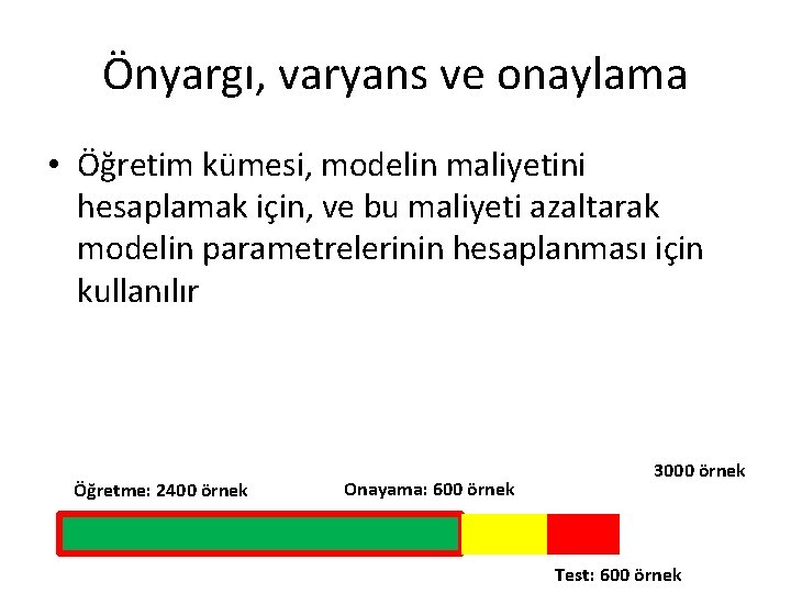 Önyargı, varyans ve onaylama • Öğretim kümesi, modelin maliyetini hesaplamak için, ve bu maliyeti Önyargı, varyans ve onaylama • Öğretim kümesi, modelin maliyetini hesaplamak için, ve bu maliyeti
