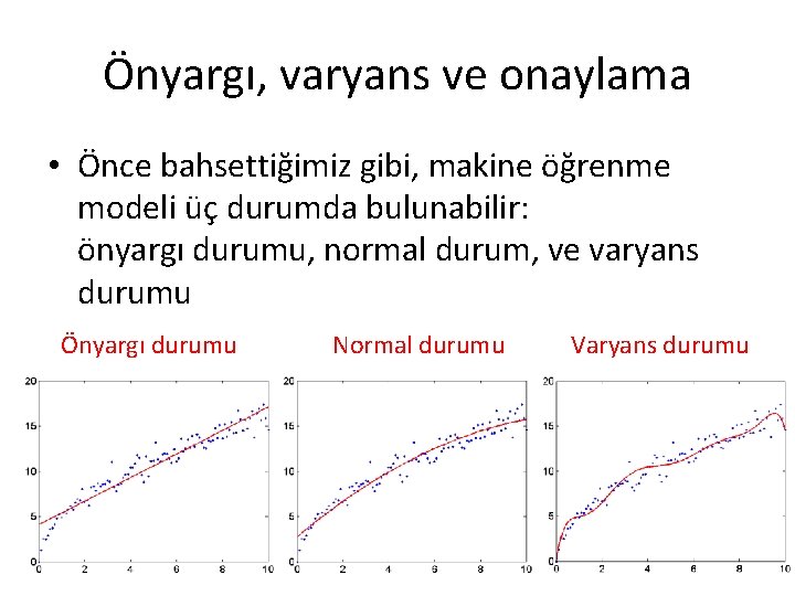 Önyargı, varyans ve onaylama • Önce bahsettiğimiz gibi, makine öğrenme modeli üç durumda bulunabilir: Önyargı, varyans ve onaylama • Önce bahsettiğimiz gibi, makine öğrenme modeli üç durumda bulunabilir: