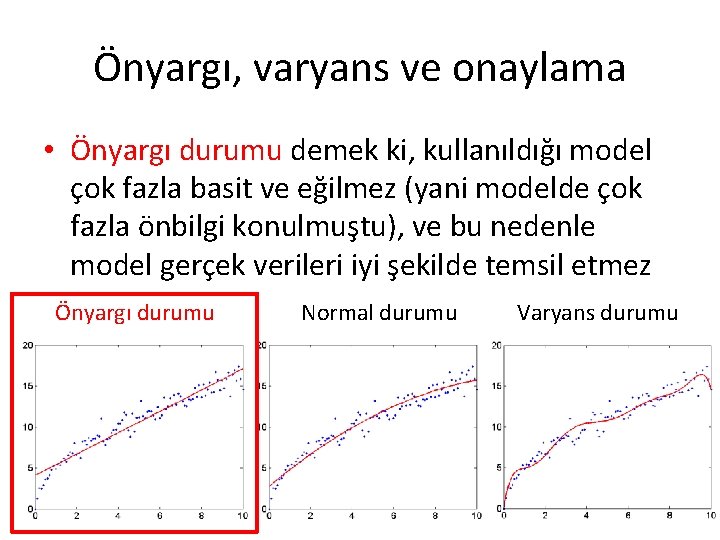Önyargı, varyans ve onaylama • Önyargı durumu demek ki, kullanıldığı model çok fazla basit Önyargı, varyans ve onaylama • Önyargı durumu demek ki, kullanıldığı model çok fazla basit