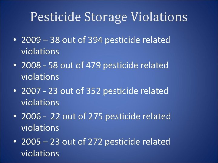 Pesticide Storage Violations • 2009 – 38 out of 394 pesticide related violations •