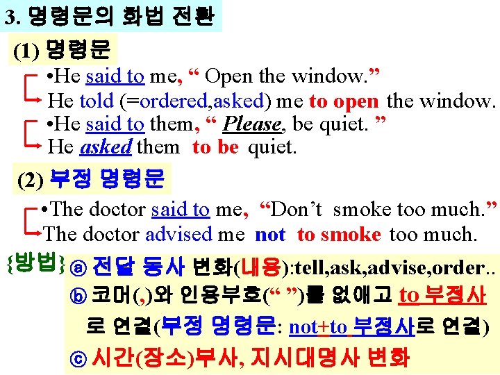 3. 명령문의 화법 전환 (1) 명령문 • He said to me, “ Open the