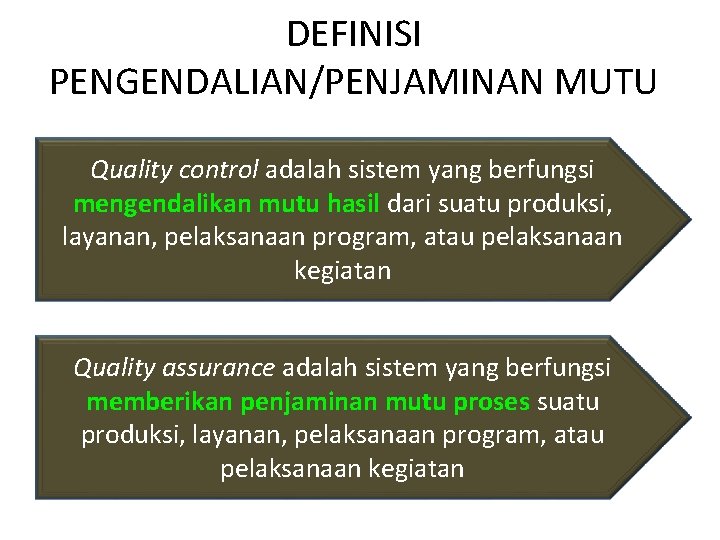 DEFINISI PENGENDALIAN/PENJAMINAN MUTU Quality control adalah sistem yang berfungsi mengendalikan mutu hasil dari suatu