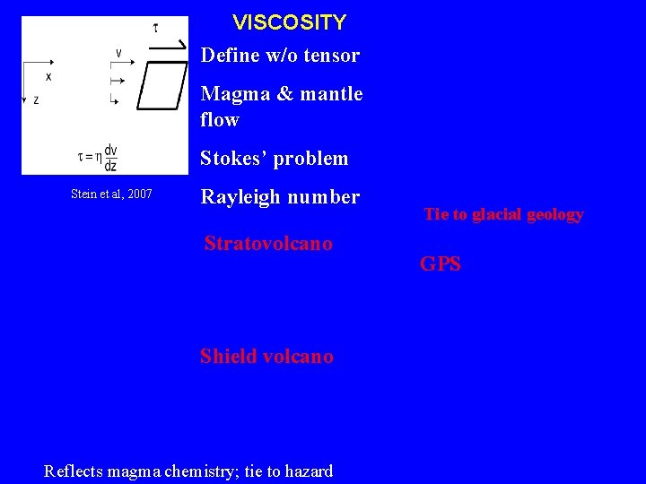 VISCOSITY Define w/o tensor Magma & mantle flow Stokes’ problem Stein et al, 2007