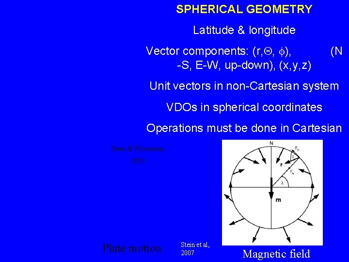 SPHERICAL GEOMETRY Latitude & longitude Vector components: (r, , ), -S, E-W, up-down), (x,