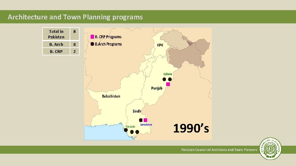 Architecture and Town Planning programs Total in Pakistan 8 B. Arch 6 B. CRP