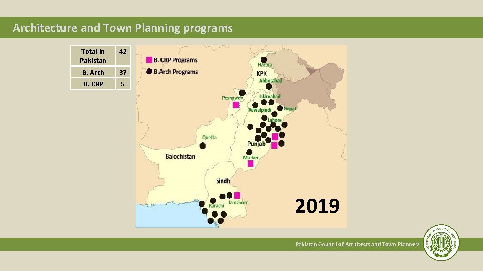 Architecture and Town Planning programs Total in Pakistan 42 B. Arch 37 B. CRP