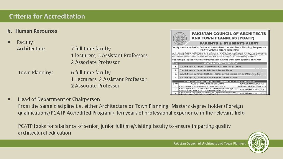 Criteria for Accreditation b. Human Resources § Faculty: Architecture: 7 full time faculty 1