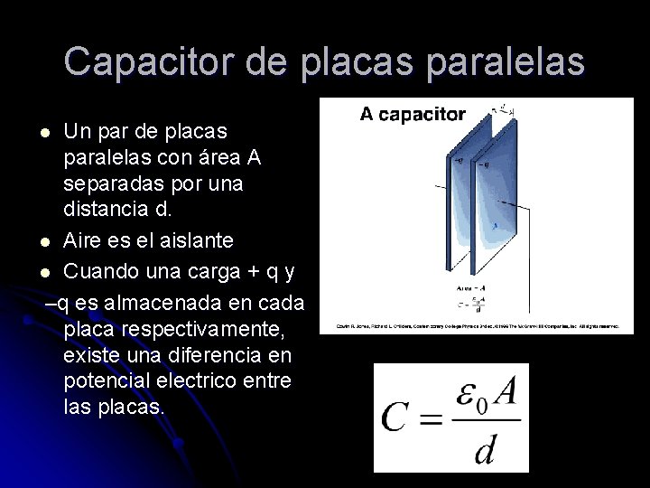 Capacitor de placas paralelas Un par de placas paralelas con área A separadas por