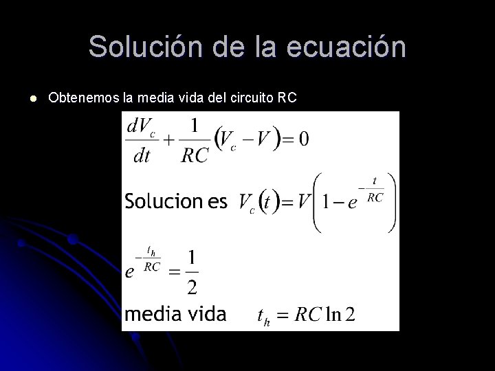 Solución de la ecuación l Obtenemos la media vida del circuito RC 