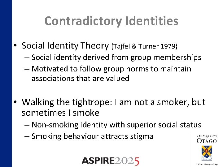 Contradictory Identities • Social Identity Theory (Tajfel & Turner 1979) – Social identity derived