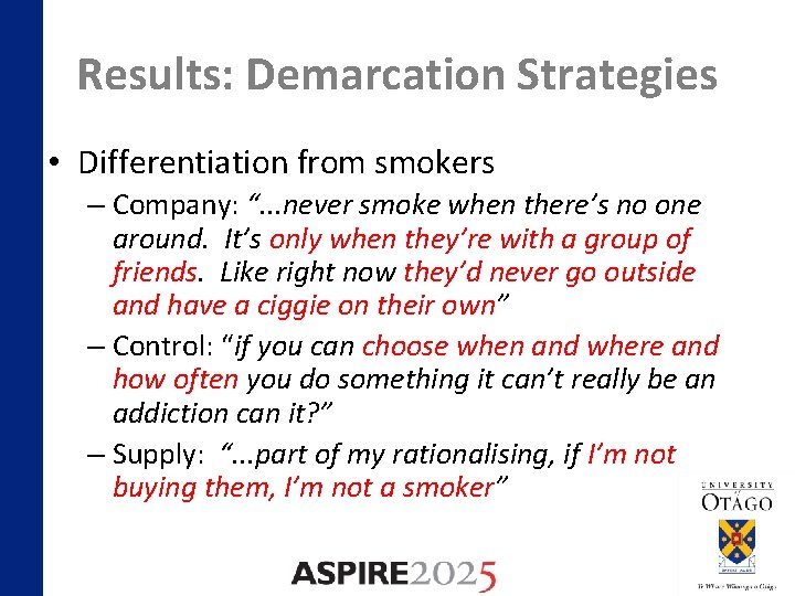 Results: Demarcation Strategies • Differentiation from smokers – Company: “. . . never smoke