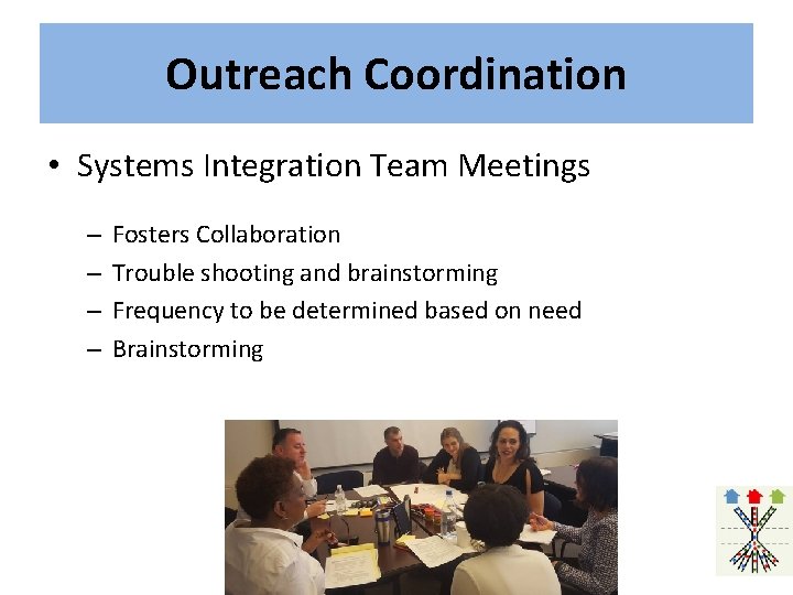 Outreach Coordination • Systems Integration Team Meetings – – Fosters Collaboration Trouble shooting and