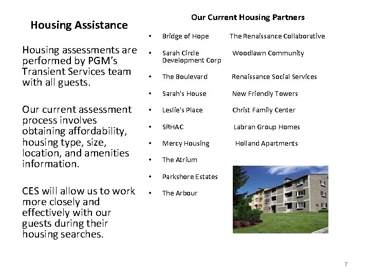 Housing Assistance Housing assessments are performed by PGM’s Transient Services team with all guests.