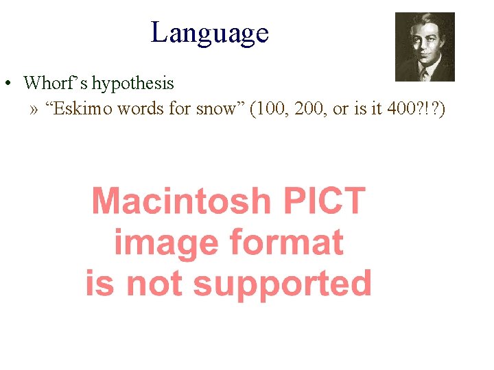 Language • Whorf’s hypothesis » “Eskimo words for snow” (100, 200, or is it