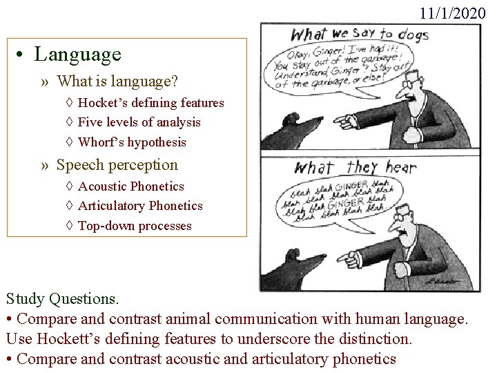 11/1/2020 • Language » What is language? ◊ Hocket’s defining features ◊ Five levels