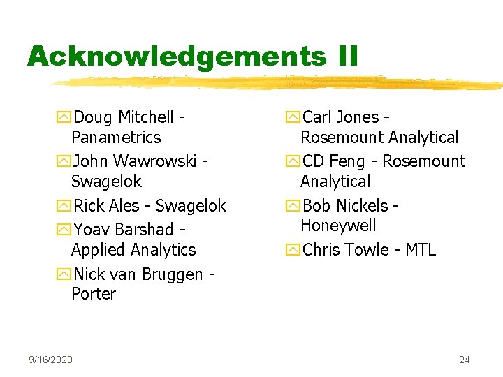 Acknowledgements II y. Doug Mitchell Panametrics y. John Wawrowski Swagelok y. Rick Ales -