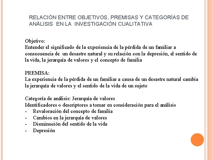 RELACIÓN ENTRE OBJETIVOS, PREMISAS Y CATEGORÍAS DE ANÁLISIS EN LA INVESTIGACIÓN CUALITATIVA Objetivo: Entender RELACIÓN ENTRE OBJETIVOS, PREMISAS Y CATEGORÍAS DE ANÁLISIS EN LA INVESTIGACIÓN CUALITATIVA Objetivo: Entender