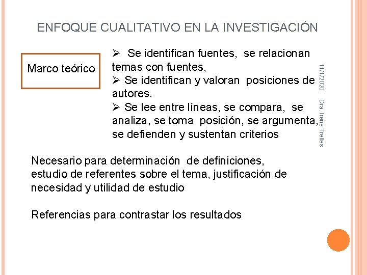 ENFOQUE CUALITATIVO EN LA INVESTIGACIÓN 11/1/2020 Marco teórico Ø Se identifican fuentes, se relacionan ENFOQUE CUALITATIVO EN LA INVESTIGACIÓN 11/1/2020 Marco teórico Ø Se identifican fuentes, se relacionan