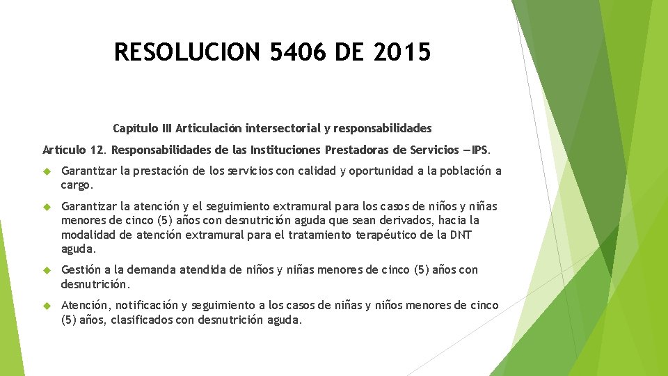 RESOLUCION 5406 DE 2015 Capítulo III Articulación intersectorial y responsabilidades Artículo 12. Responsabilidades de RESOLUCION 5406 DE 2015 Capítulo III Articulación intersectorial y responsabilidades Artículo 12. Responsabilidades de