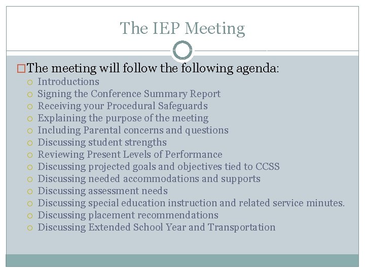 The IEP Meeting �The meeting will follow the following agenda: Introductions Signing the Conference