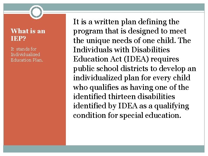 What is an IEP? It stands for Individualized Education Plan. It is a written