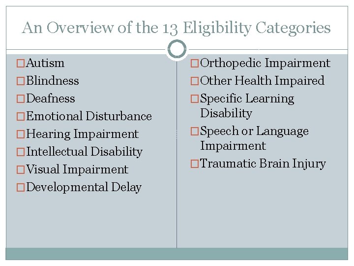 An Overview of the 13 Eligibility Categories �Autism �Orthopedic Impairment �Blindness �Other Health Impaired