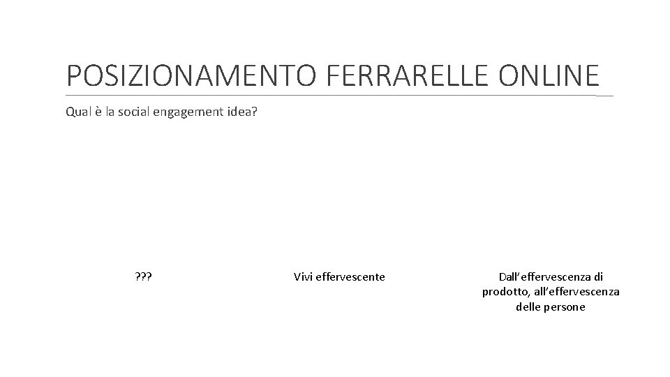 POSIZIONAMENTO FERRARELLE ONLINE Qual è la social engagement idea? Big idea ? ? ?