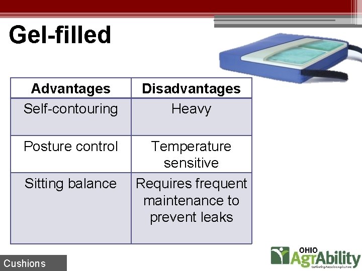 Gel-filled Advantages Self-contouring Disadvantages Heavy Posture control Temperature sensitive Requires frequent maintenance to prevent