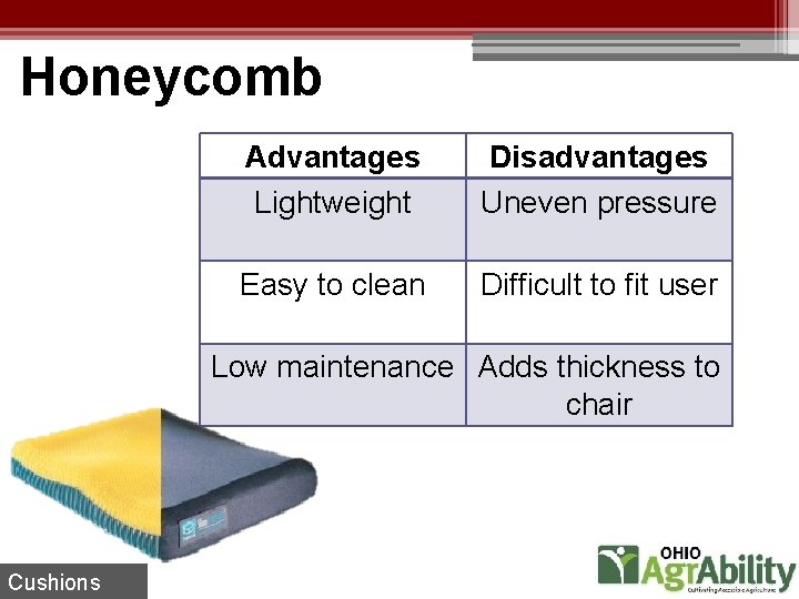 Honeycomb Advantages Lightweight Disadvantages Uneven pressure Easy to clean Difficult to fit user Low