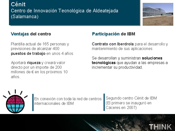 Cénit Centro de Innovación Tecnológica de Aldeatejada (Salamanca) Ventajas del centro Participación de IBM