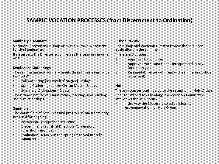 SAMPLE VOCATION PROCESSES (from Discernment to Ordination) Seminary placement Vocation Director and Bishop discuss SAMPLE VOCATION PROCESSES (from Discernment to Ordination) Seminary placement Vocation Director and Bishop discuss
