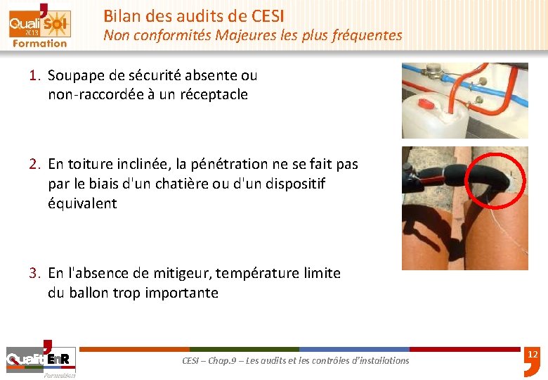 Bilan des audits de CESI Non conformités Majeures les plus fréquentes 1. Soupape de
