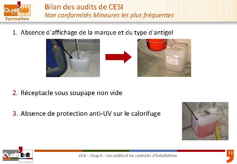 Bilan des audits de CESI Non conformités Mineures les plus fréquentes 1. Absence d'affichage