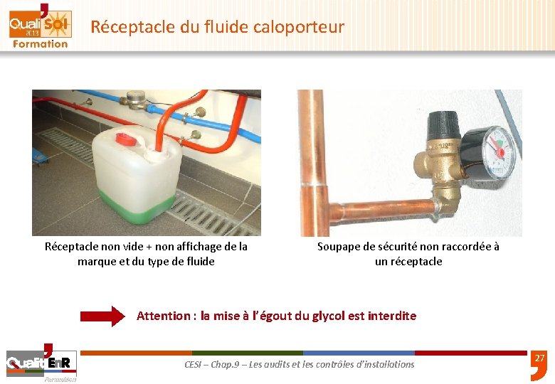 Réceptacle du fluide caloporteur Réceptacle non vide + non affichage de la marque et