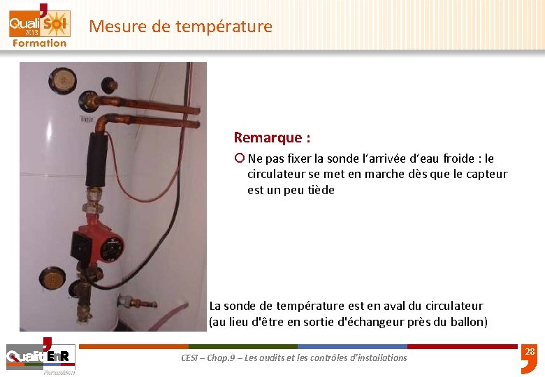 Mesure de température Remarque : ¡ Ne pas fixer la sonde l’arrivée d’eau froide